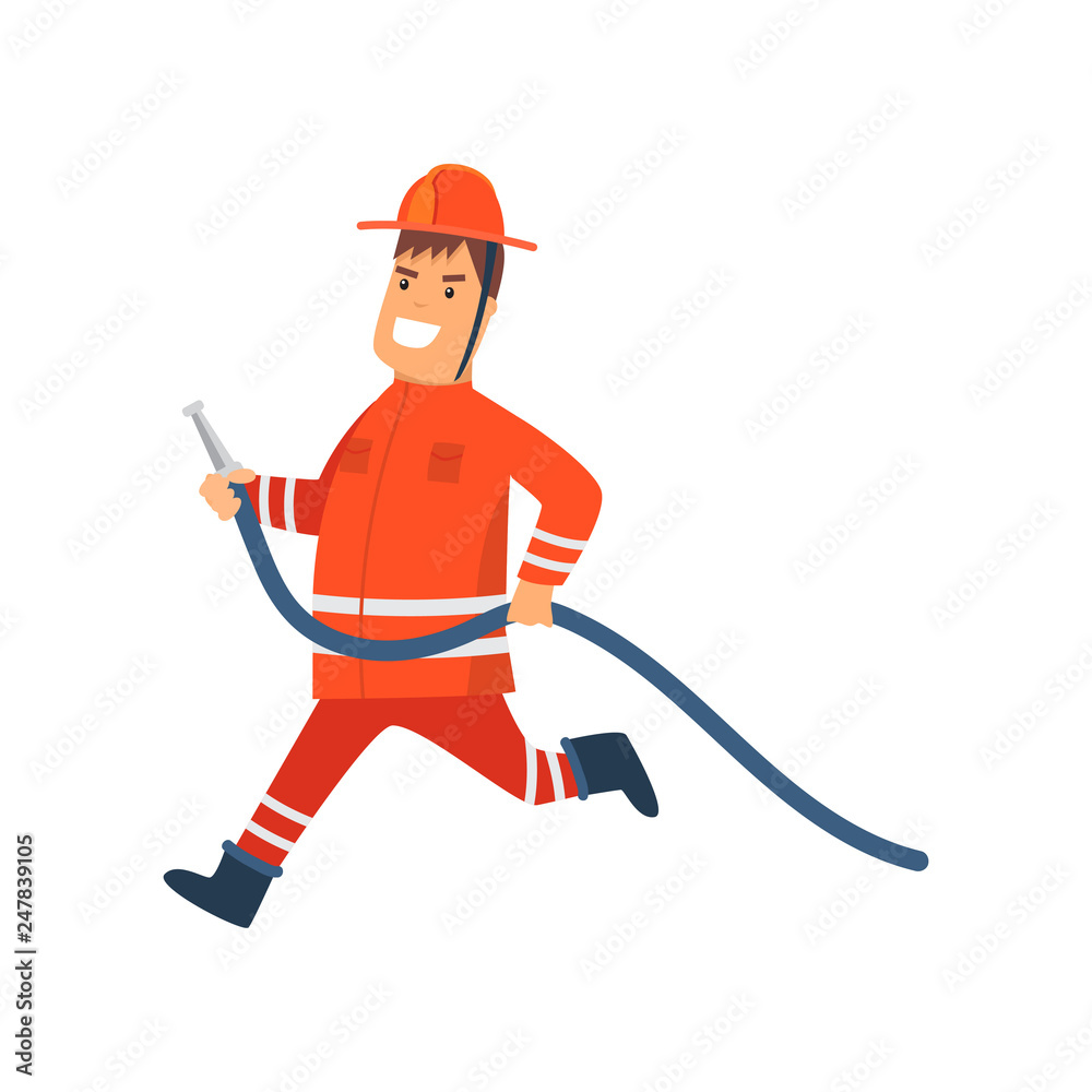 Obraz premium Firefighter Wearing Orange Protective Uniform and Helmet Running with Fire Hose, Cheerful Professional Male Freman Cartoon Character Doing His Job Vector Illustration