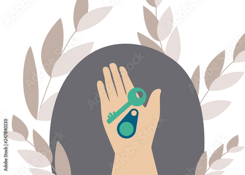 Woman hand with lost key finder - banner in flat style