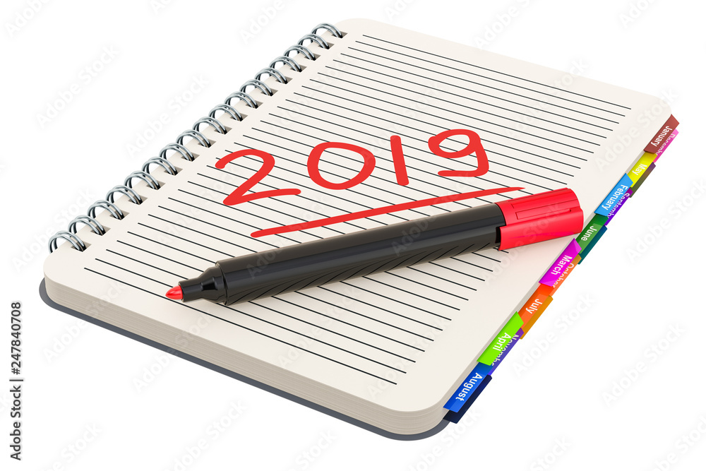 Text 2019 on notebook with marker pen. 3D rendering Text 2019 on notebook with marker pen. 3D rendering