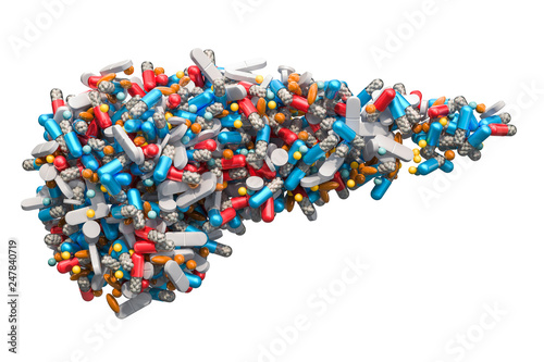 Pancreas from pills. Drug for pancreatic disease concept, 3D rendering
