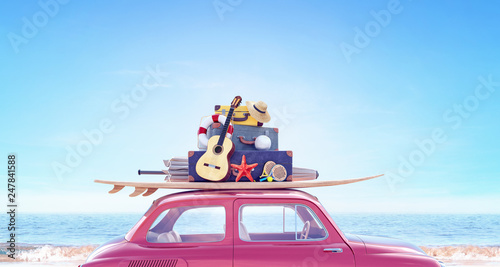 Car with luggage ready for summer travel holidays 3D Rendering	