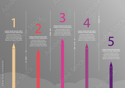 Five pencils pointing vector progress steps illustration with place for your company information. It can be used for presentation, web design, quotes, survey, banner, study.