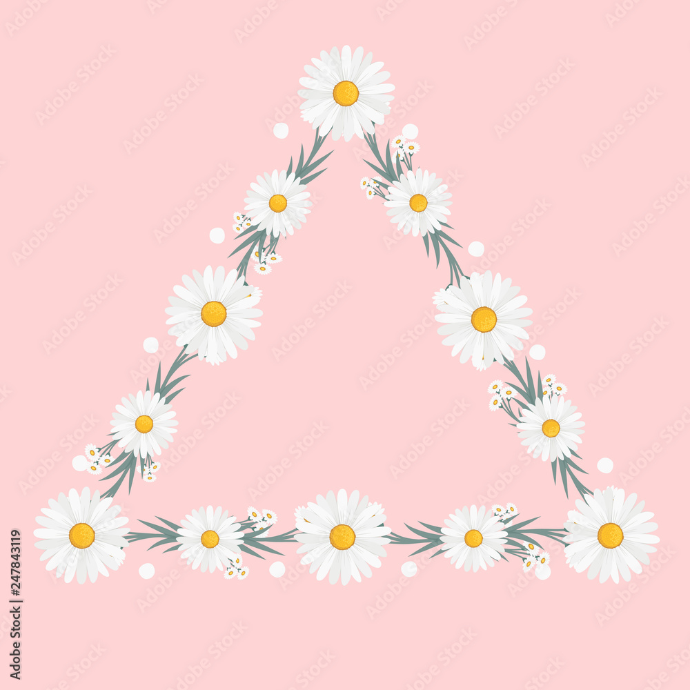 Floral greeting card and invitation template for wedding or birthday anniversary, Vector triangle shape of text box label and frame, Chamomile flowers wreath ivy style with branch and leaves.