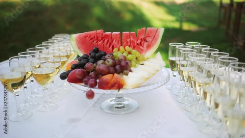 Buffet table. A lot of fruit is on the table. Healthy food.