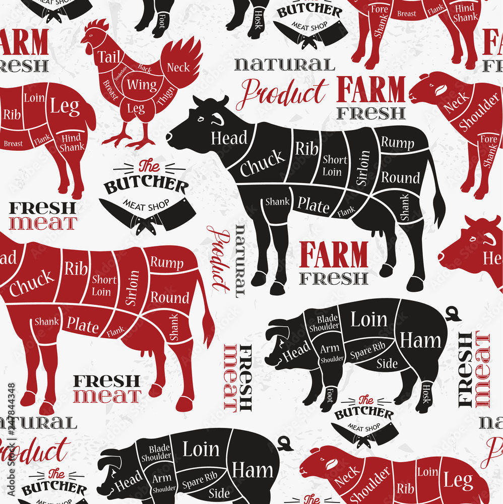 Meat cuts. Diagrams for butcher shop. Animal silhouette. Vector illustration. Seamless pattern.