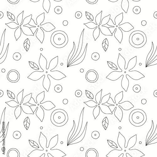 Seamless vector hand drawn pattern with decorative elements, flowers, leaves. dots. Black and white background, graphic illustration, doodle style.