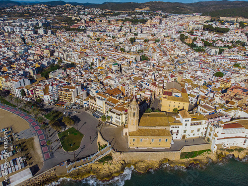 aerial picture of Sitges in Catalonia, Barcelona picture taking with a drone. Old church in the coast