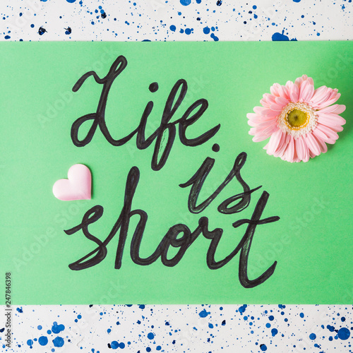 Life is short written on pastel green. Quote
