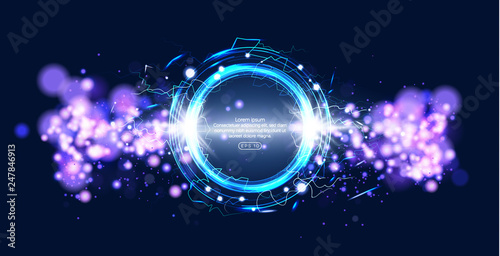 Luminous electric circle lightning atmospheric phenomenon realistic image on dark night sky blue decorative background vector illustration. Party poster or flyer abstract high voltage layout.