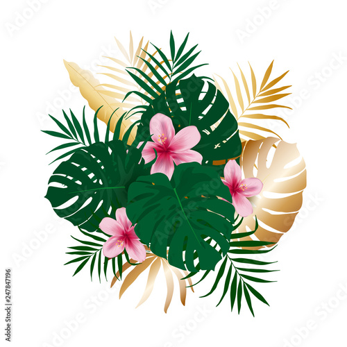 Tropical flower bouquet of green and gold palm leaves, leaves of monstera and flowers of hibiscus. Exotic template for design, print, poster, party, template, summer background, clip art. Vector.