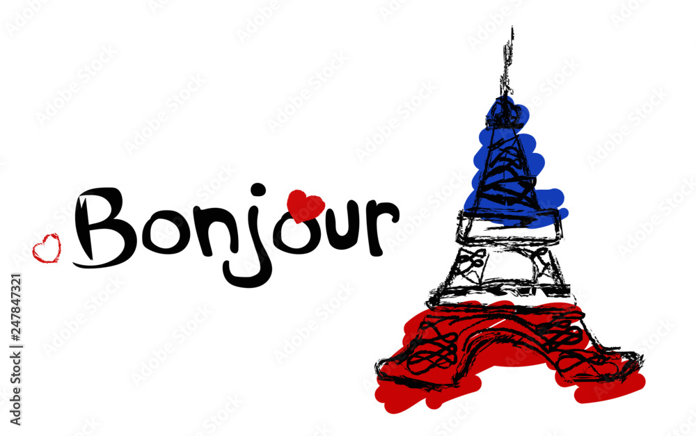 Illustration Bonjour text France Eiffel tower Illustration Bonjour text France Eiffel tower