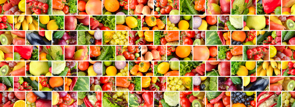 Fototapeta Owoce i warzywa w tle oddzielone pionowe i poziome linie w postaci ceglanego muru.