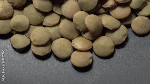 Lentils. Rotation. Close up. Heap of raw uncooked brown lentils in a bowl in rotation.  Food background.  gray background, studio shot. Healthy organic food diet concept