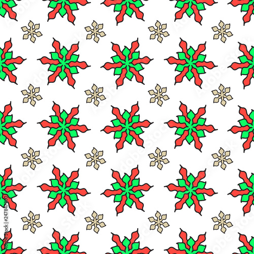 Floral Christmas new year celebration design seamless pattern vector background art with green red and beige star looking flowers