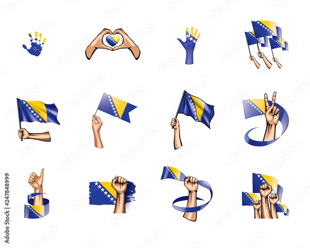 Fototapeta premium Bosnia and Herzegovina flag and hand on white background. Vector illustration