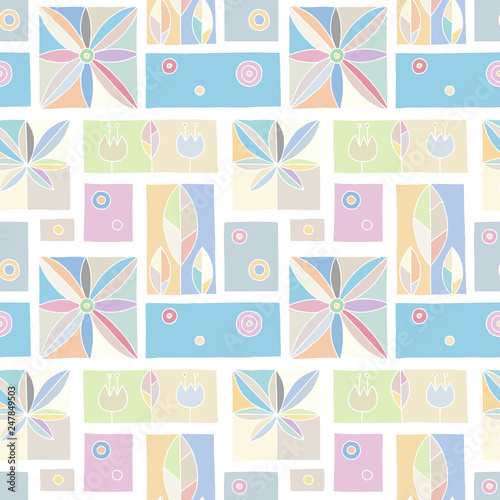 Seamless vector retro decorative pink hand drawn pattern with geometrical motifs, flowers, leaves. Graphic vintage design. Print for wrapping, wallpaper, surface, packaging, fabric, textile