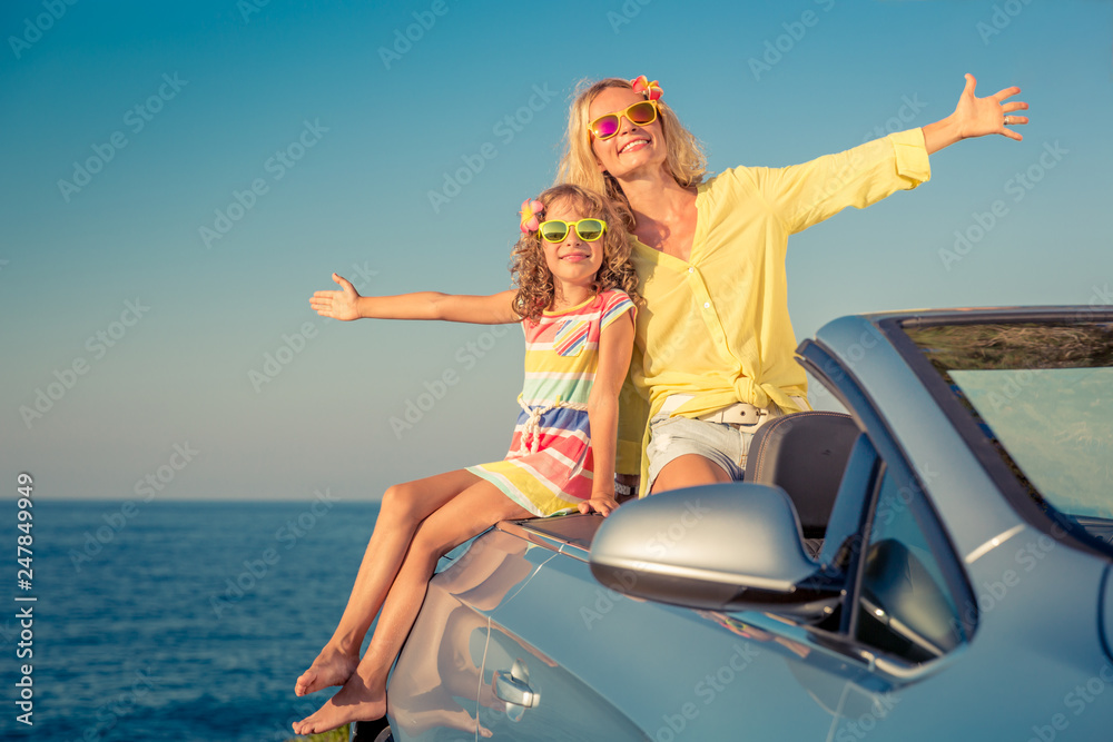 Happy family travel by car