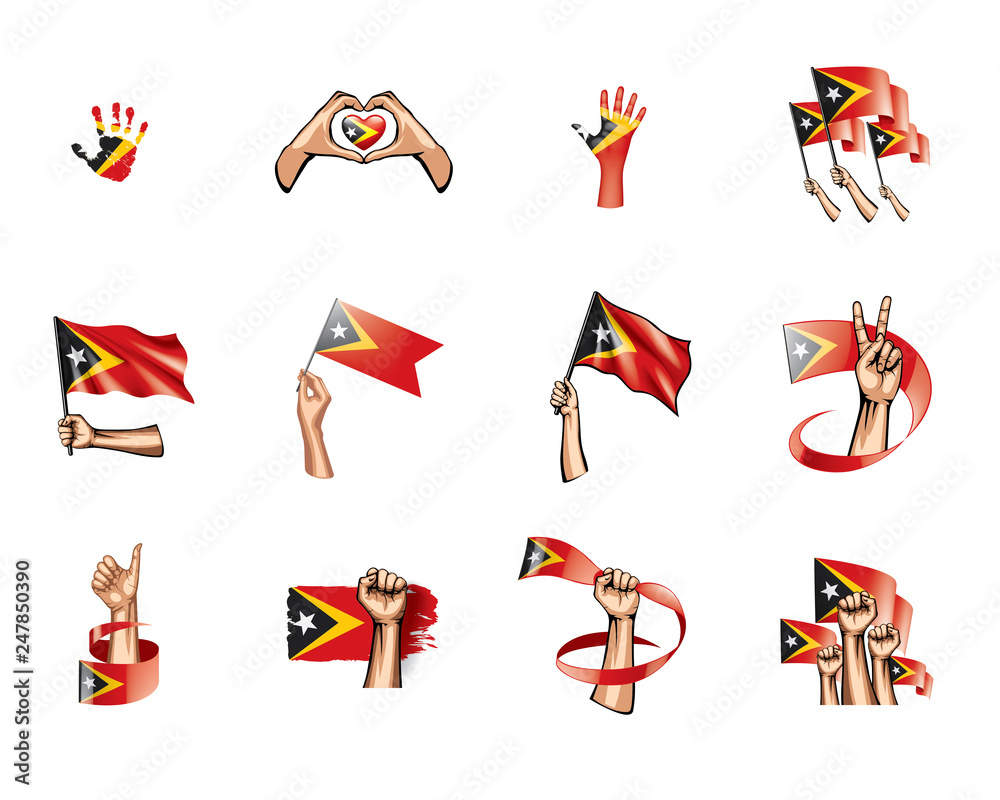 east timor flag and hand on white background. Vector illustration east timor flag and hand on white background. Vector illustration