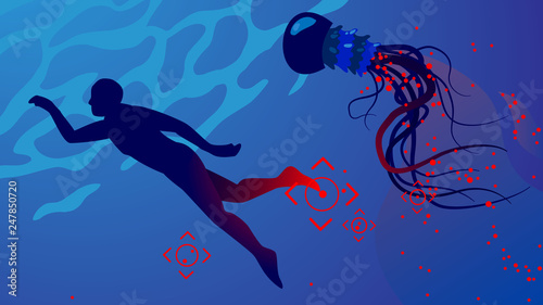 Dangerous spores of jellyfish, menace of sting in sea water, season of hazard in bathing time