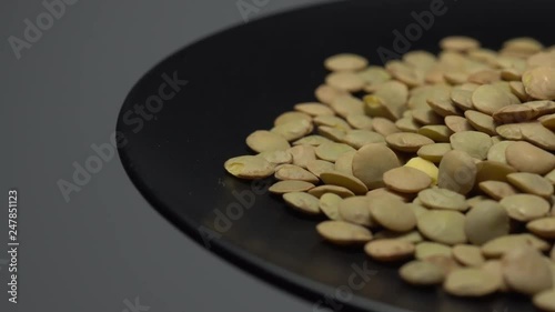 Lentils. Rotation. Close up. Heap of raw uncooked brown lentils in a bowl in rotation.  Food background.  gray background, studio shot. Healthy organic food diet concept