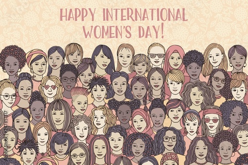 Banner for international women's day - a variety of women's faces from all over the world, diverse group of hand drawn women