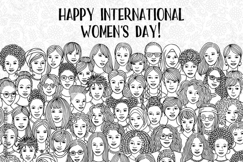 Banner for international women's day - a variety of women's faces from all over the world, diverse group of hand drawn women