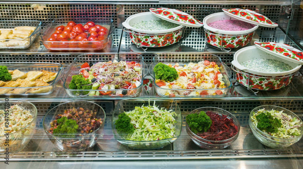 Top view of freshly prepared delicious Mediterranean dishes assorted in the restaurant, buffet