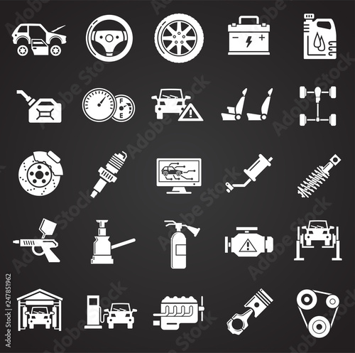 Car service icons set on black background for graphic and web design, Modern simple vector sign. Internet concept. Trendy symbol for website design web button or mobile app