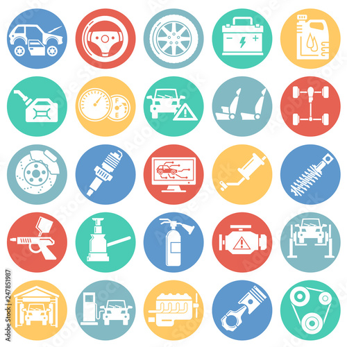Car service icons set on color circles white background for graphic and web design, Modern simple vector sign. Internet concept. Trendy symbol for website design web button or mobile app