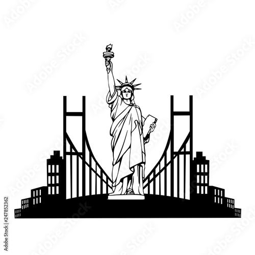New York landmark. American symbol. Statue of Liberty demonstrates Independence. Black and white vector illustration. USA logo design