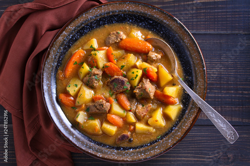 Irish beef and stout stew. View from above, top studio shot