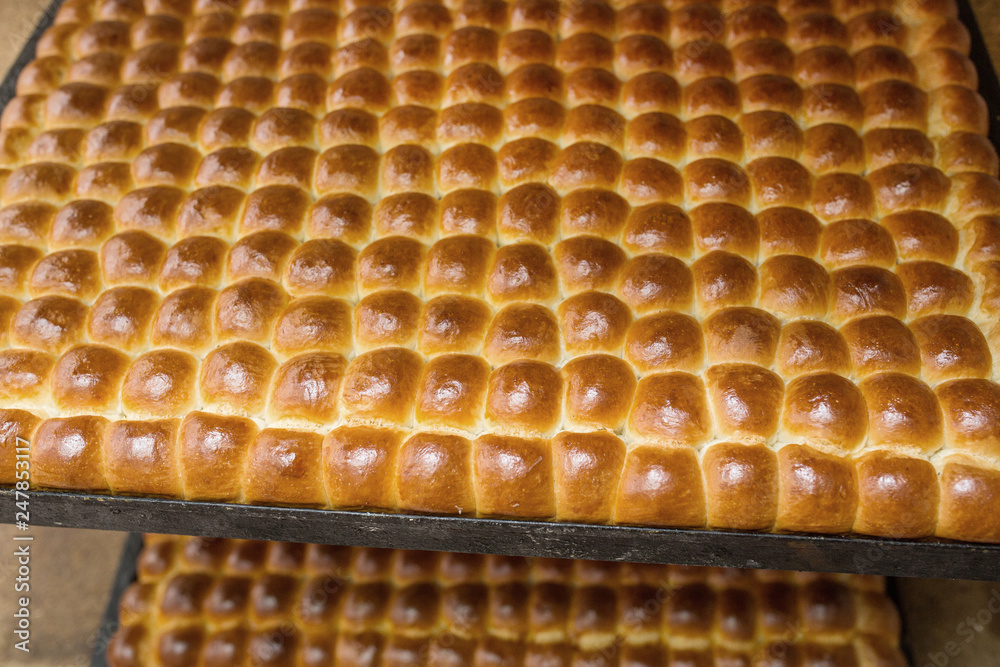 A bakery product is a ready-to-eat bakery product made of flour, close-up pies from the oven A bakery product is a ready-to-eat bakery product made of flour, close-up pies from the oven