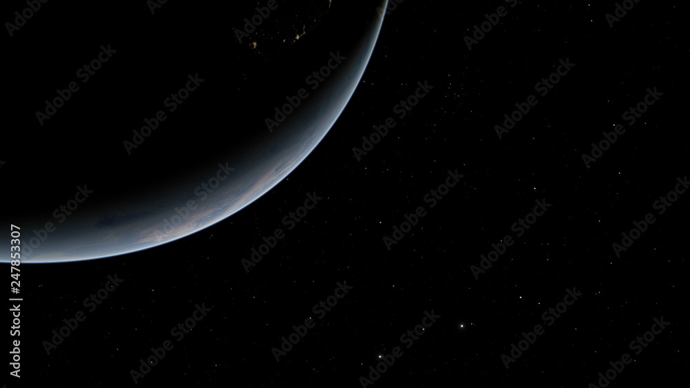 Fototapeta premium Exoplanet 3D illustrationPlanet Earth blue against the background of the galaxy and the black starry sky (Elements of this image furnished by NASA)