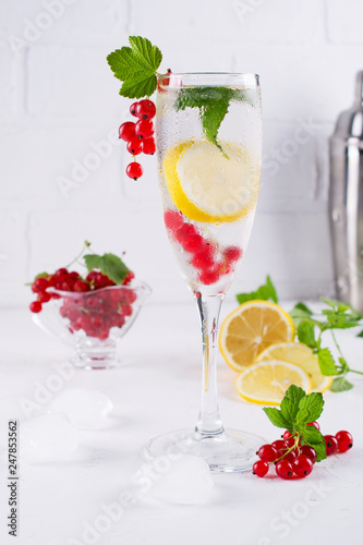 Detox infused flavored water of lemon red currant, and mint. Refreshing summer cocktail in glass for champagne .Summertime.
