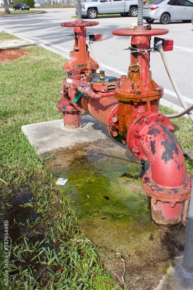 Gate valve leaking water, Red OS&Y valve leaking water from packing gland nut Stock Photo