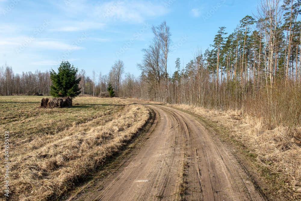 empty country gravel road with mud puddles and bumps