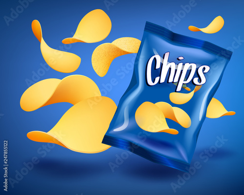 Blue chips package mockup with yellow crispy snacks, advertising concept
