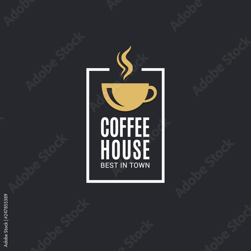 Coffee cup logo. Coffee house label on black