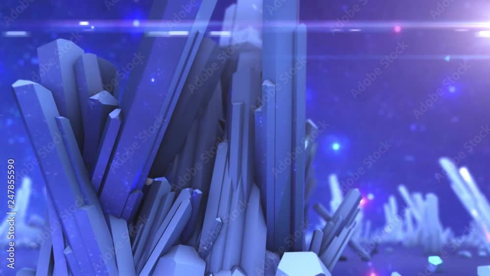 Abstract blue fantasy mystical glowing crystals on the background of the starry sky. Camera slider in 4k 60fps CGI Abstract blue fantasy mystical glowing crystals on the background of the starry sky. Camera slider in 4k 60fps CGI