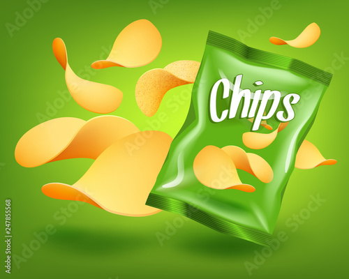 Green chips package mockup with yellow crispy snacks, advertising concept