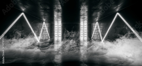 Sci Fi Futuristic Neon Led Laser Glowing Modern Elegant Empty Dark White Glowing Stage Podium Lights On Reflective Grunge Concrete Tunnel Corridor Club Room 3D Rendering