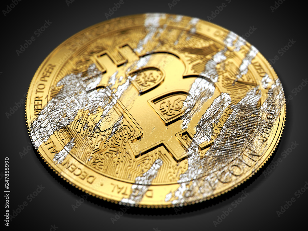 Damaged Bitcoin laying on dark background. Bitcoin crash concept. 3D rendering Damaged Bitcoin laying on dark background. Bitcoin crash concept. 3D rendering