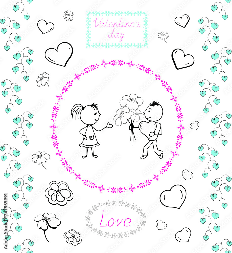 Set of drawings for Valentine's day heart, couple in love, flowers for decoration of greeting cards