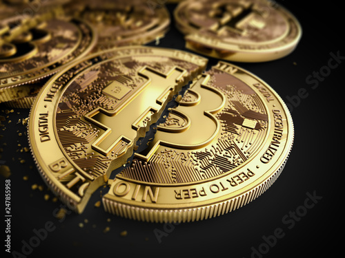 Close-up shot on broken or cracked Bitcoin coins laying on black background. Bitcoin crash concept. 3D rendering