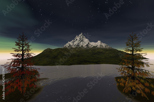 Snowy mountain  a night landscape  coniferous trees  wonderful waters  aurora and stars in the sky.