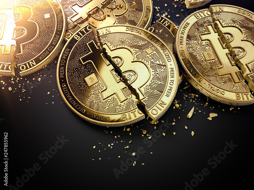 Close-up shot on broken or cracked Bitcoin coins laying on black background. Bitcoin crash concept. 3D rendering