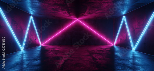 Fototapeta Naklejka Na Ścianę i Meble -  Sci Fi Modern Alien Triangle Neon Dance Club Glowing Pink Purple Blue Stage Podium Circle Shaped With Smoke And Fog On Dark Grunge Concrete Reflection Room Vibrant 3D Rendering
