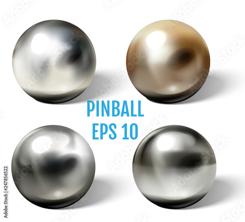 Steel pinball balls on white surface realistic vector photo