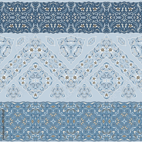 Seamless ethnic patterns for border. Repeated oriental motif for fabric or paper design. Colored frieze in Arabic style.
