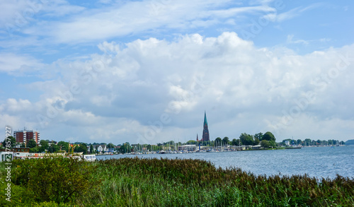 Panorama city Schleswig with river Schleie and church in Schleswig-Holstein, Germany